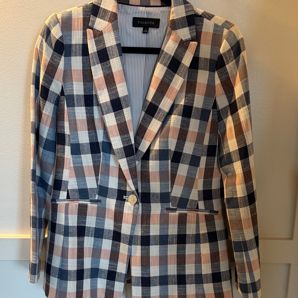 Talbots Navy, Cream & Dusty Rose Plaid Single-Button Blazer